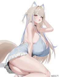 1girl animal ear fluff animal ears bare shoulders black collar blonde hair blue dress blue streaks blush breasts cleava…
