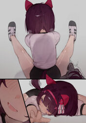 1girl animal ears black buruma blush buruma closed mouth comic ear covers gym uniform hair ornament hairband highres ho…