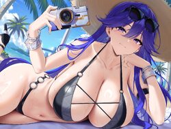 1girl alternate breast size (larger) alternate costume bikini black bikini bracelet breasts camera cleavage closed mout…