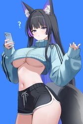 1girl ? absurdres animal ear fluff animal ears black hair black shorts blue background blue eyes blue jacket breasts ce…