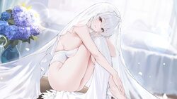 1girl ass azur lane breasts bridal veil curtains flower game asset grey hair hair between eyes hand on own leg handsfre…