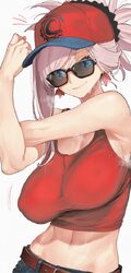 1girl absurdres armpits bare shoulders baseball cap belt blue eyes breasts chaldea logo cleavage commentary covered nip…