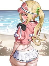 1girl absurdres ass beach bikini bikini under skirt blonde hair blush commentary english commentary from side highres j…