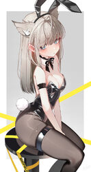 1girl absurdres animal ears arknights arknights  endfield bare shoulders black bow black bowtie black leotard blue eyes…