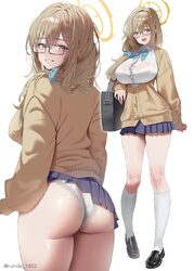 1girl akane (blue archive) akane (school uniform) (blue archive) ass bag blue archive blue skirt bra visible through cl…