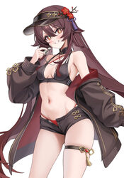 00nanona 1girl alternate costume bikini breasts brown hair brown jacket brown shorts clenched teeth commentary request …