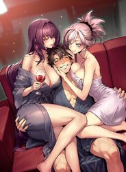 1boy 2girls alcohol ankle armpit crease bathrobe black hair blue eyes blue nails blush breasts cleavage commentary couc…