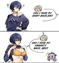 1boy 2girls ?  3 belle (zenless zone zero) black shirt blue hair bra breasts brother and sister chibi chibi inset cleav…