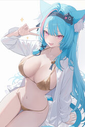 1girl absurdres animal ear fluff animal ears aqua hair bikini breasts cat ears cat girl cat tail commentary request cro…