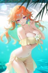 1girl absurdres aqua hair arm under breasts bare shoulders bikini breasts cleavage colored inner hair commentary earrin…