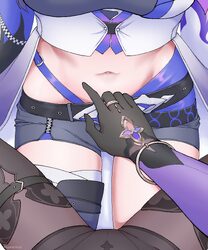 2girls acheron (honkai  star rail) black gloves black pantyhose black shorts black swan (honkai  star rail) commentary …