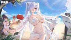 2gong (9ujin ) 4girls absurdres aqua hair aqua hairband bare shoulders beach bikini black choker black hair blue sky bl…