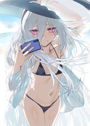 1girl arm up bikini black bikini black hat blue archive blush breasts cellphone cowboy shot day groin hair between eyes…