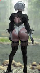 1girl 2b (nier automata) ass black gloves black thighhighs blurry blurry background commentary from behind gloves highl…