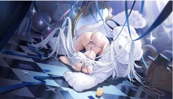 1girl absurdly long hair ass azur lane blue bra blue panties bra breast press breasts checkered floor cherbourg (azur l…