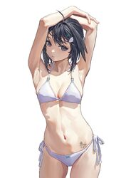1girl absurdres ahoge arknights armpits arms up bikini black hair breasts brown hair cleavage commentary request cowboy…