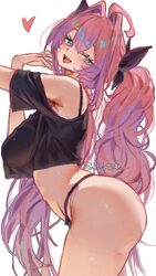 + + 1girl ahoge artist name ass bare shoulders bikini black bikini black ribbon black shirt blue eyes blush breasts com…