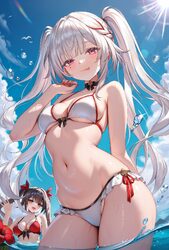 2girls bare arms bare shoulders bikini bird black choker black hair blue sky breasts choker cleavage commentary request…