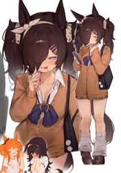 +++ 2girls alternate hairstyle animal ears bag black bag black hair black tail blush bow bowtie brown cardigan brown sk…