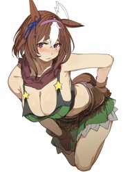 1girl absurdres ahoge animal ears bandana bandeau bare shoulders bent over blush breasts brown gloves brown hair cleava…
