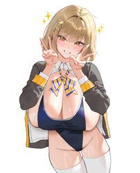 1girl absurdres ahoge alternate breast size (larger) anis (nikke) anis (star) (nikke) black jacket blue one-piece swims…