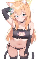 1girl absurdres animal ear fluff animal ears arm behind head arm up armpits black bra black choker black gloves black p…