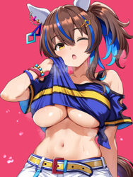 1girl animal ears asanagi shion bare shoulders belt blue shirt blue streaks blush bracelet breasts brown hair commentar…