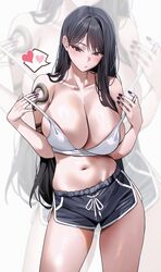 1girl arm tattoo black hair breasts contrapposto cowboy shot dolphin shorts drawstring grey shorts hair behind ear hear…