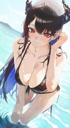 1girl absurdres anska asymmetrical horns bent over bikini black bikini black hair blue hair blue sky breasts cleavage c…