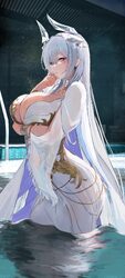 1girl absurdres arm under breasts azur lane breasts colored inner hair commentary request crystal horns dress from side…