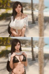 1girl 2koma 3d beach bikini black bikini black hair blurry blurry background bra strap breasts clothes lift comic comme…