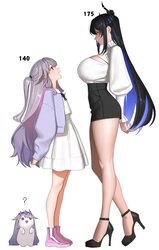 2girls ?  d alternate costume arichuu u asymmetrical horns black hair black shoes black shorts blue hair boots breast s…