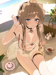 1girl absurdres alternate costume beach towel bikini bikini skirt black bikini blue eyes blush breasts brown hair close…