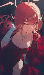 1girl absurdres aru (blue archive) aru (dress) (blue archive) blue archive breasts brown horns chinese commentary cleav…