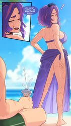 1boy 1girl absurdres beach bikini blue sky blurry blurry background boku no hero academia breasts cloud commentary engl…