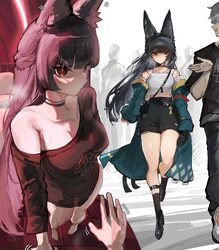 1boy 1girl absurdres animal ear fluff animal ears aqua jacket barefoot black choker black hair black shoes black shorts…