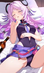 1girl absurdres bare arms bare shoulders bed sheet blush bottle braid breasts citlali (genshin impact) closed eyes coll…
