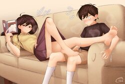 1boy 1girl 2026 absurdres age difference aged down ahoge antenna hair aroused bare arms bare legs barefoot black eyes b…