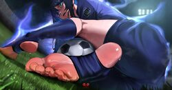 1girl absurdres ado (utaite) ass aura ball black hair blue eyes blue lock blue shirt blue shorts chando (ado) commentar…