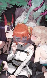 4girls ahoge asmr bare shoulders belt black pantyhose black skirt blush breasts chaldea logo chaldea master uniform cho…