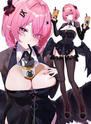 1girl black dress black shrug black thighhighs black wings blush breasts bubble tea bubble tea challenge chest belt com…