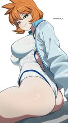 1girl absurdres artist name ass bilingual commentary blue jacket breasts closed mouth commentary request from side gree…