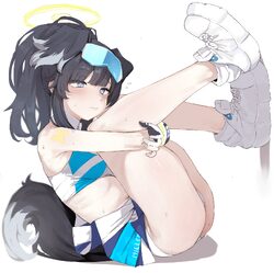 1girl animal ears ass bare shoulders black hair blue archive blue eyes blue skirt blue sports bra blush closed mouth co…