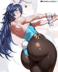 1girl absurdres animal ears arcedo ass bare arms bare back blue eyes blue hair blue leotard brand of the exalt breasts …