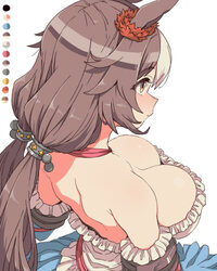 1girl animal ears breasts brown hair cleavage color guide detached sleeves dress ear ornament frilled dress frills from…
