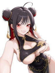 1girl ahoge armpits bare arms bare shoulders black dress black hair black nails breasts chinese clothes cleavage cleava…