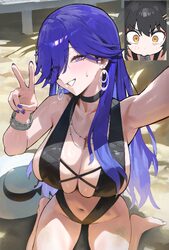 2girls absurdres alternate costume arm up bangle barefoot black hair black slingshot swimsuit bracelet breasts cleavage…