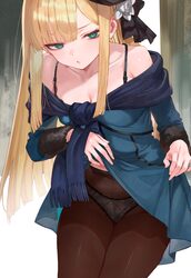 1girl absurdres armpit crease black bra black hat blonde hair blue eyes blunt ends bra bra strap breasts brown pantyhos…