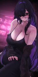 1girl absurdres bare shoulders black dress black hair black sweater breasts cleavage commentary curvy dress glasses god…