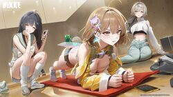 3girls absurdres ahoge ame (uten cancel) anis (nikke) anis (star) (nikke) ass belt black hair bracelet breasts brown ha…